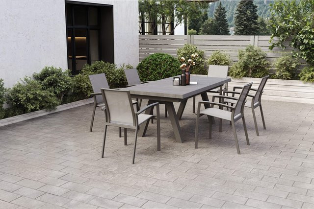 Siena Garden Tirana/Velia Garten-Essgruppe aus Aluminium und Keramik mit Ausziehtisch und 6 Stapelsesseln, matt anthrazit/wood-grey - Bild 1