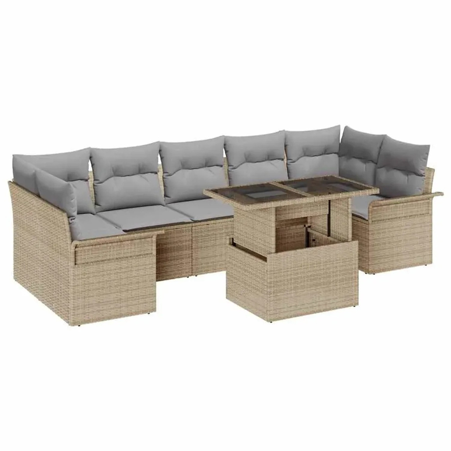 vidaXL Garten-Sofa-Set aus Poly Rattan in Beige mit 8 Teilen, L-Form mit Eck-Sitz, Mittel-Sitz, Armsofa, Tisch und UV-beständigen Kissen - Bild 2