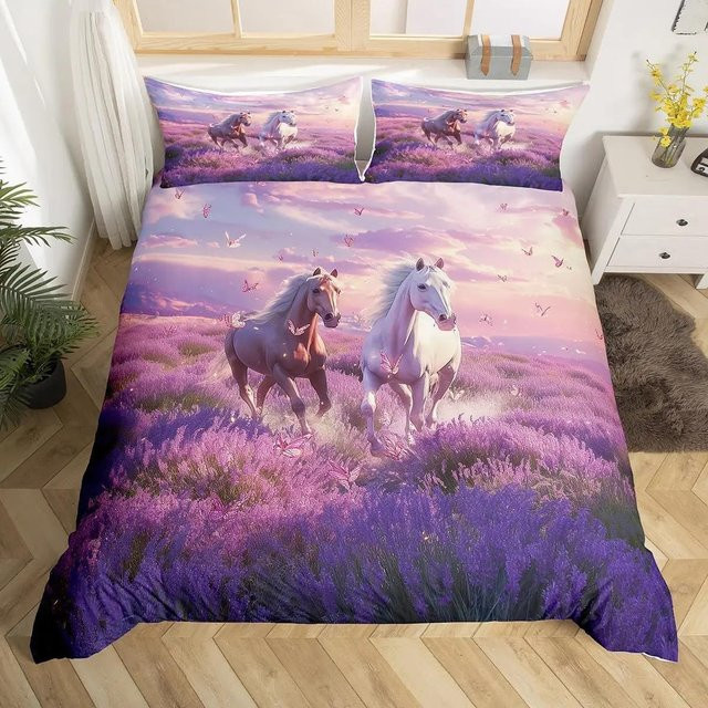 JMG Household Supplies Bettwäsche-Set mit galoppierendem Pferdemotiv in Lila, Microfaser, B/H: 140 x 210 cm - Bild 1