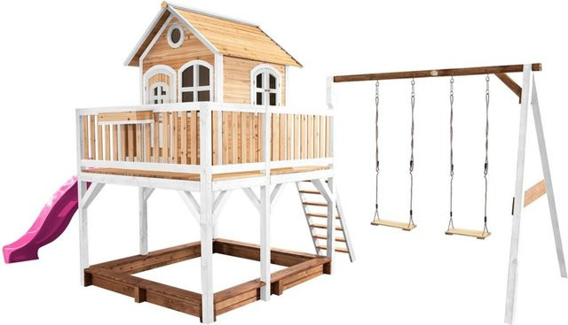 Axi Spielhaus Liam aus Holz in Braun Weiß Lila mit Doppelschaukel und Rutsche B/H/T: 613 x 291 x 277 cm - Bild 2