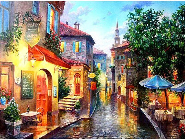 FIYO 5D DIY Diamant-Malerei Rainy Town Schöne Aussicht in Grau, B/H: 20 x 30 cm - Bild 1