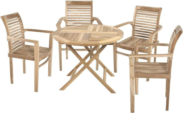 DELUKE Garten-Sitzgruppe MIRJA 5-tlg. aus Teakholz in Teakbraun, Gartenmöbel-Set mit rundem Esstisch und Stühlen für Terrasse und Outdoor - Bild 1