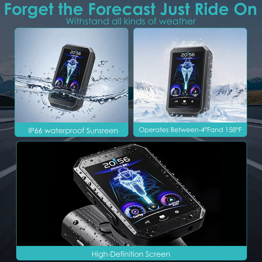 Icreative Smart-Display für Fahrrad und Motorrad mit 3,6 Zoll Display, IP66 wasserdicht, kabelloses CarPlay und Android Auto, GPS Navigation und Stereo, Schwarz, 3000mAh Akku - Bild 4