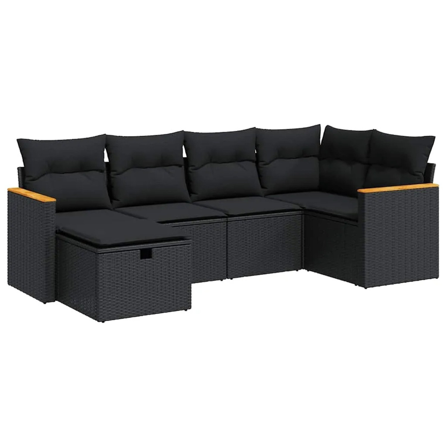 vidaXL 6-teilige Garten-Sofagarnitur aus Poly-Rattan und Akazienholz in Schwarz mit Kissen - Bild 2