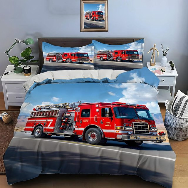 Bettwäsche Set Flylo mit rotem Feuerwehrauto Motiv, Doppelbettwäsche aus Mikrofaser, B/H: 180 x 210 cm - Bild 1