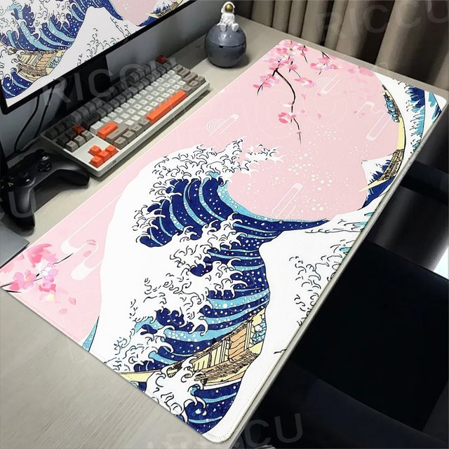 Riccu Pink Great Wave Kanagawa Mauspad XXL Schreibtischunterlage mit Sakura Motiv aus Gummi und Anti-Rutsch-Funktion - Bild 1
