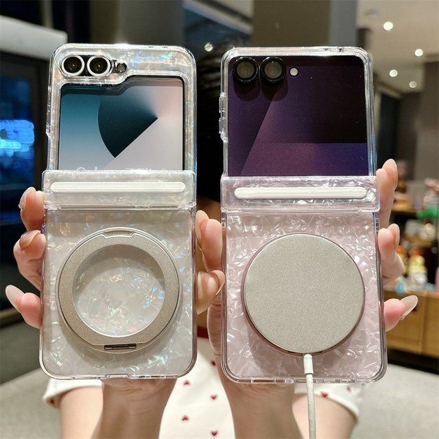 Magnetische Handyhülle mit Muschelstruktur und 360 Grad Drehbarer Halterung für Samsung Galaxy Z Flip 7 6 5 Z Flip7 FE, Transparent, Stoßfeste Abdeckung - Bild 1