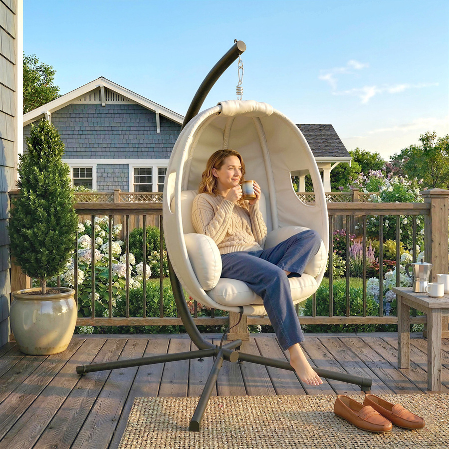 Outsunny Hängesessel mit Gestell in Hellgrau, faltbarer Eiform-Hängeschaukel mit Sitzpolstern für Garten, Terrasse oder Wohnzimmer - Bild 2