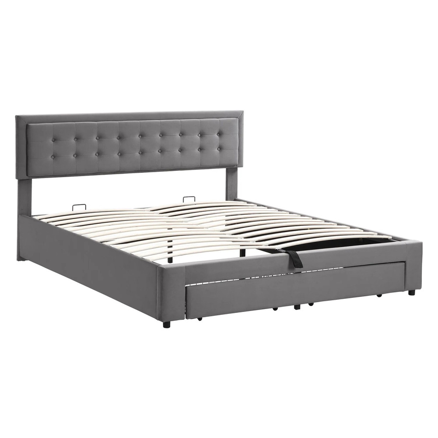 okwish Polsterbett aus Samt mit 2 Schubladen in Grau, B/T/H: 180 x 200 x 185 cm - Bild 2