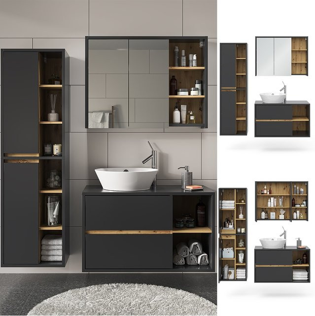 Vicco Badmöbel-Set Viola in Anthrazit und Eiche, modernes 3-teiliges Badezimmer-Set bestehend aus Spiegelschrank, Waschtischunterschrank und Schrank - Bild 1