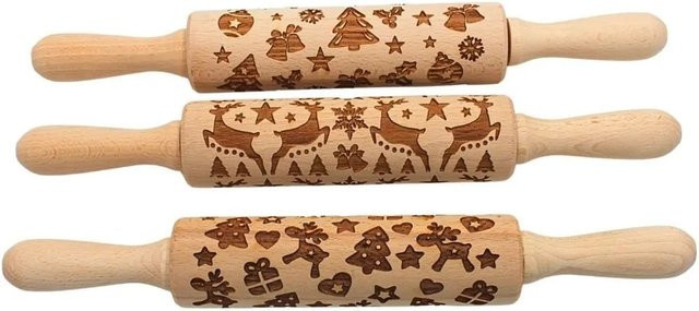 3er Set Dekohelden24 Holz Teigroller mit Gravur, Spekulatiuswalzen und Plätzchenrollen, Braun, B/H/T: 33 x 5 x 5 cm - Bild 1