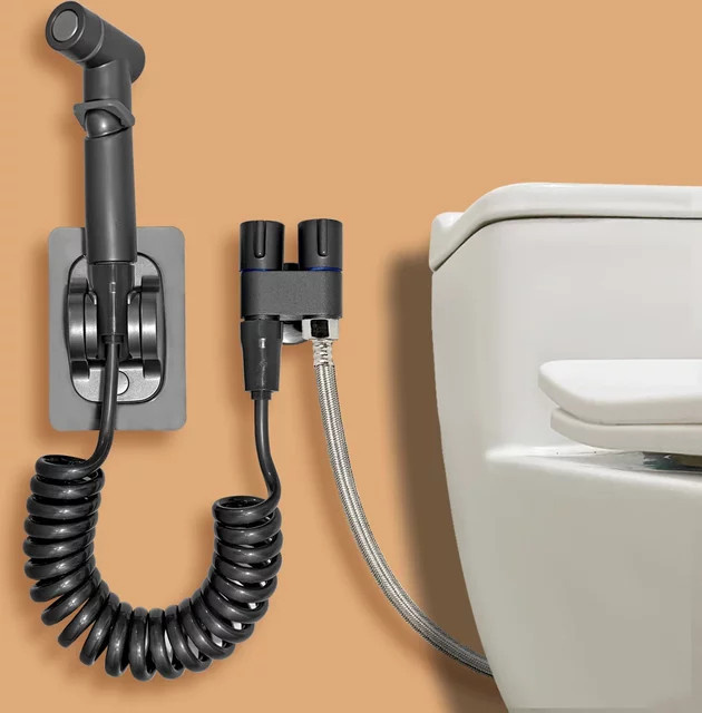 Bidet-Toilettensprühset mit Handbrause und Doppel-Auslass-Eckventil in Silber - Bild 1