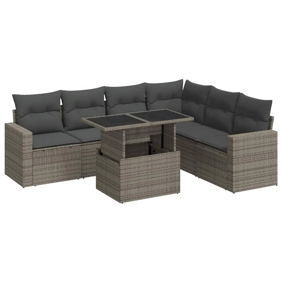 vidaXL 7-teilige Garten-Sofagarnitur in L-Form aus grauem Poly-Rattan mit Kissen und pulverbeschichtetem Stahlgestell - Bild 2