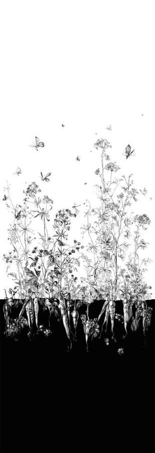 Edmond Petit Tapete Fenouil Sauvage Droit mit botanischem Floral-Design in Weiß, Schwarz und Gold aus Vlies - Bild 1