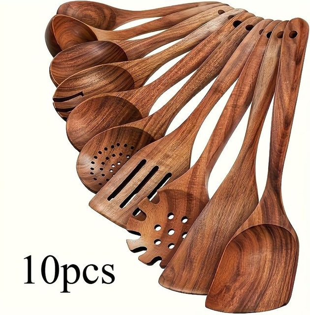 KEMORELA 10-teiliges Kochutensilien-Set aus natürlichem Holz in Braun für Salat, Suppe und Nudeln - Bild 1