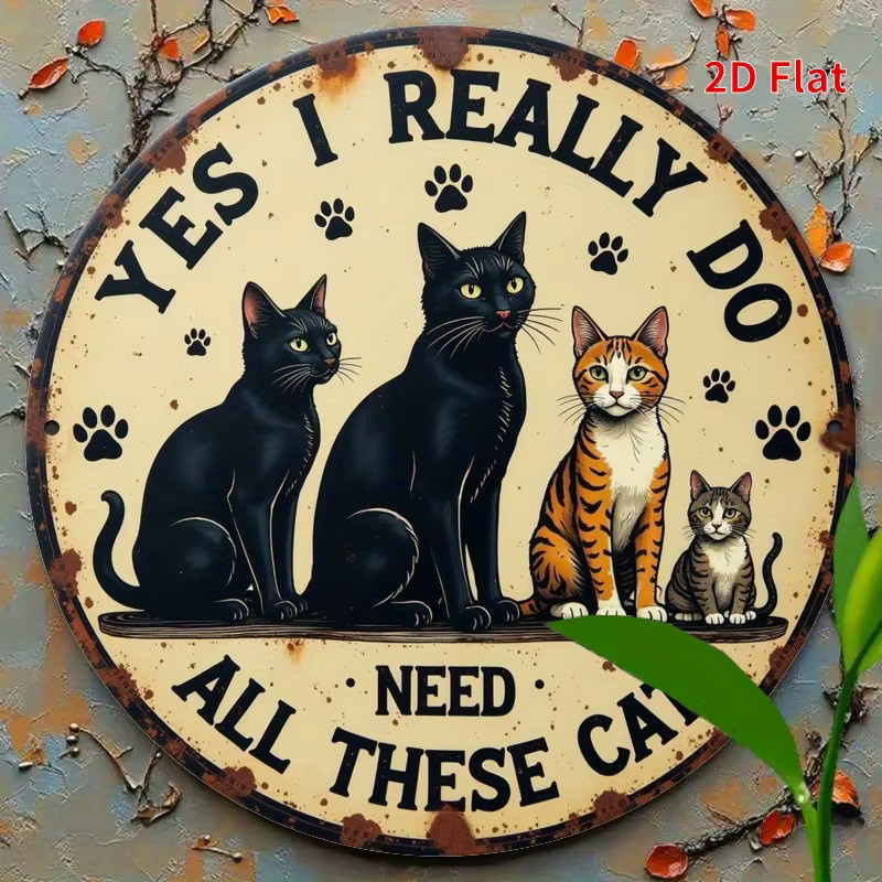 Potdemiel Vintage-Eisenschild rund mit Katzen-Motiv und Typografie zur Wanddekoration, Durchmesser: 20 cm, Mehrfarbig - Bild 4