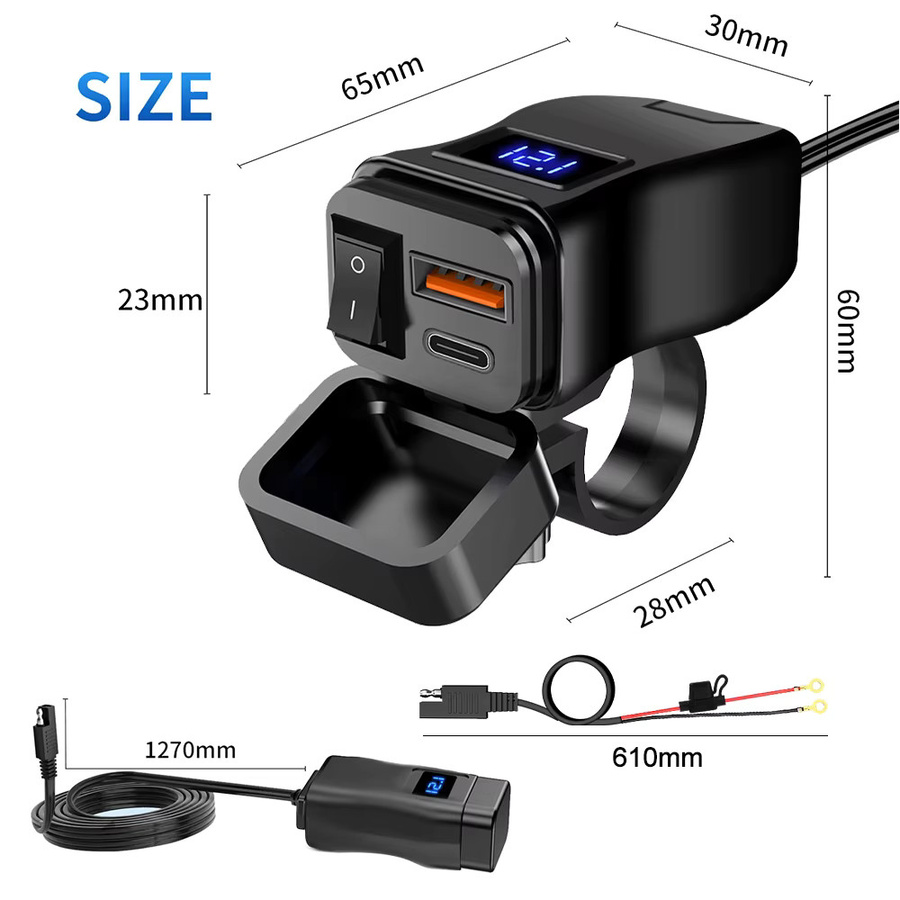 Dual USB Motorrad Ladegerät mit QC 3.0 Schnellladefunktion, digitalem Voltmeter und Schalter, wasserdicht, Schwarz - Bild 3