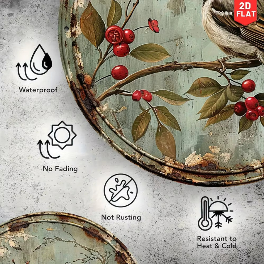 Potdemiel Vintage Bird & Cherry Rundes Metallschild aus Aluminium mit floralem Motiv, Durchmesser: 20 cm, Mehrfarbig - Bild 4