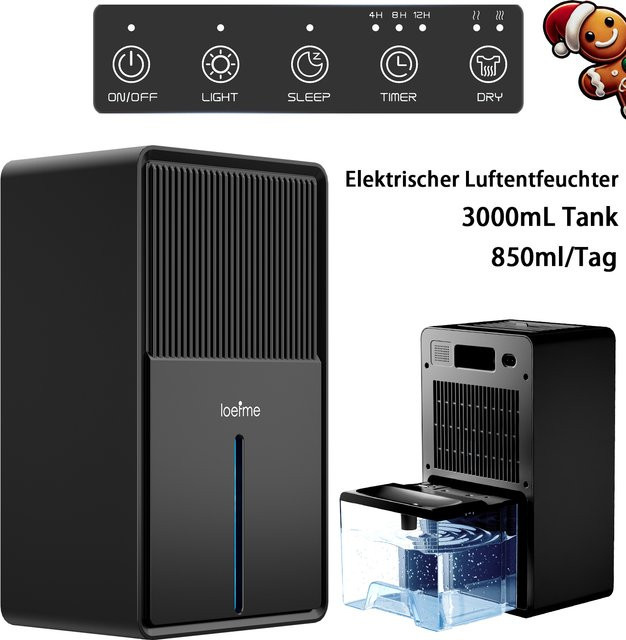 Loefme Luftentfeuchter Schwarz mit 3000 ml Kapazität, Schlafmodus und 24-Stunden-Timer - Bild 1
