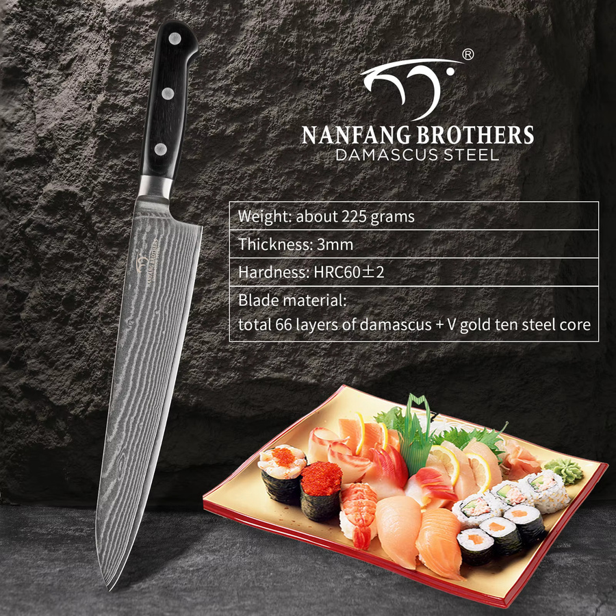 Nanfang Brothers Damaszener Kochmesser aus VG10 Stahl mit 66 Lagen und silbernem ABS-Griff für Sushi und Sashimi - Bild 4