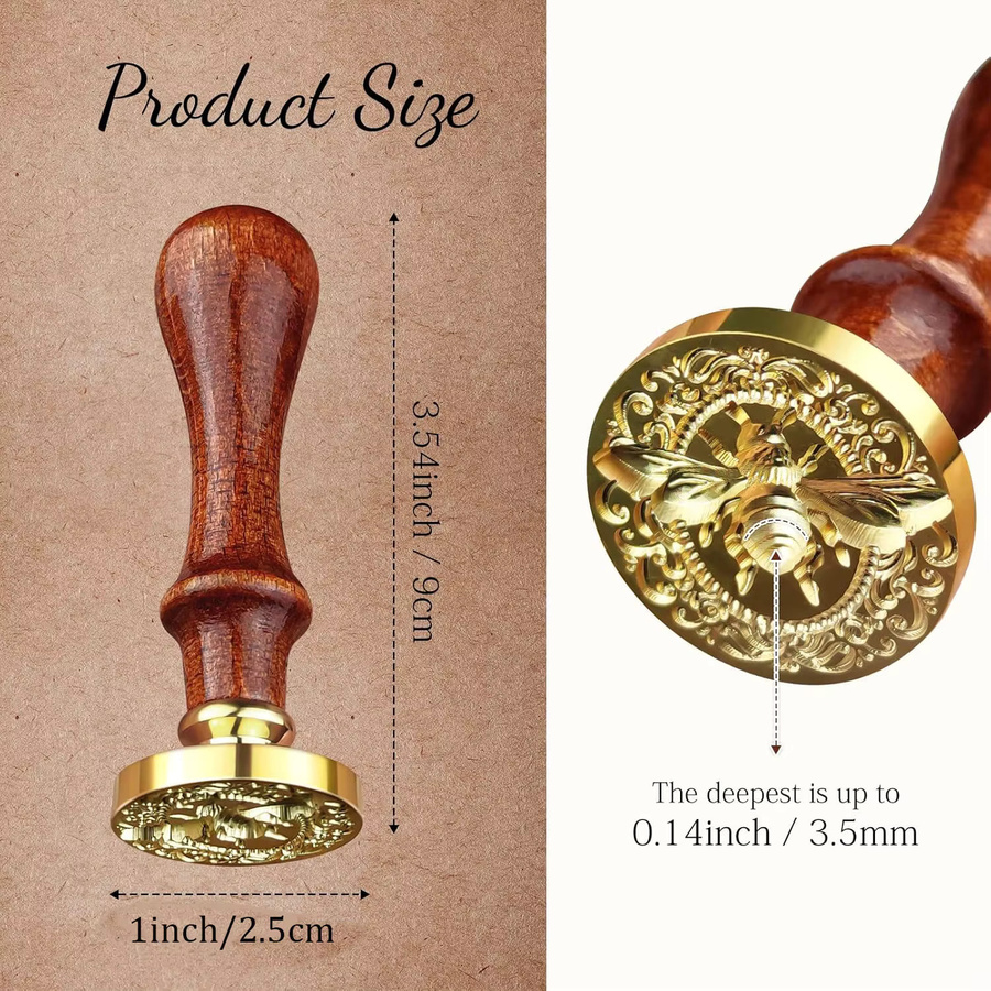 3D-Bienenwachssiegelstempel mit Messing-Stempelkopf und Holzgriff für DIY Dekorationen, Durchmesser: 25 mm - Bild 2