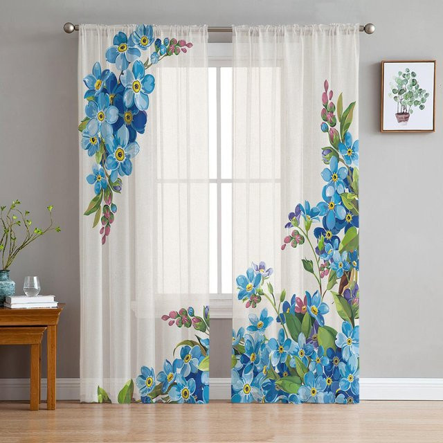Super Six Fenstervorhang mit blauem Aquarell-Blumenmotiv Don't Forget Me, transparentes Chiffon-Gewebe, Farbe: Blau/Weiß, Breite: 135 cm, Höhe: 114 cm - Bild 1