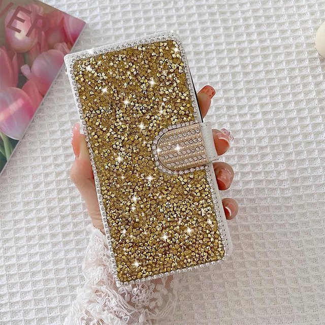 Diamant-Geldbörse Lederhülle mit Strap für Apple iPhone 16, 15, 14, 13, 12, 11 Pro Max und andere Modelle in Gold - Bild 1