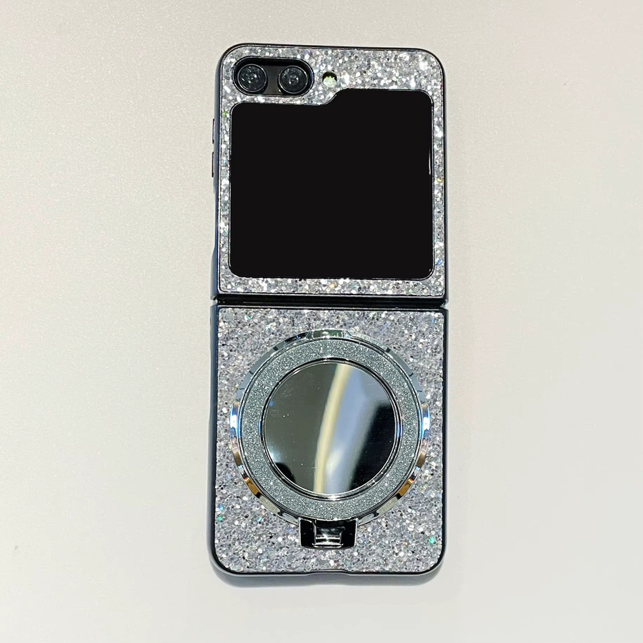 Luxuriöse Glitzer-Kunstleder-Handyhülle für Samsung Galaxy Z Flip 7 6 5 4 3 mit Make-up-Spiegel und Handyhalterung in Weiß und Silber - Bild 5