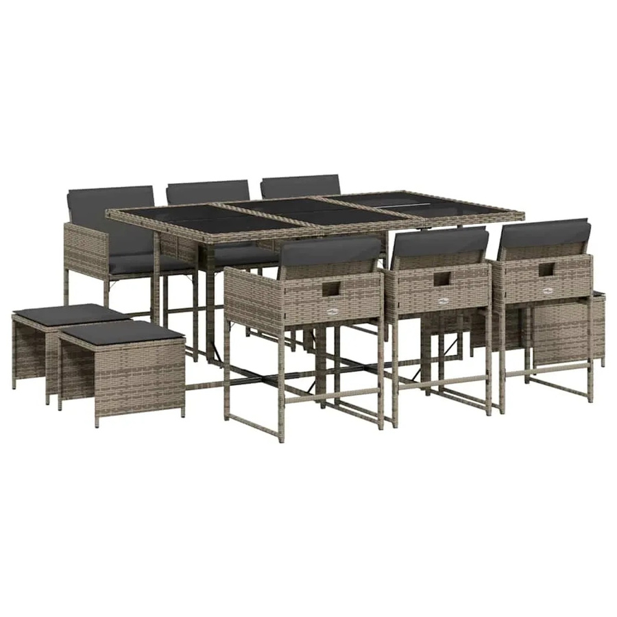 vidaXL 11-teilige Garten-Essgruppe aus Poly-Rattan in Grau mit Kissen und Hartglas-Tischplatte - Bild 2