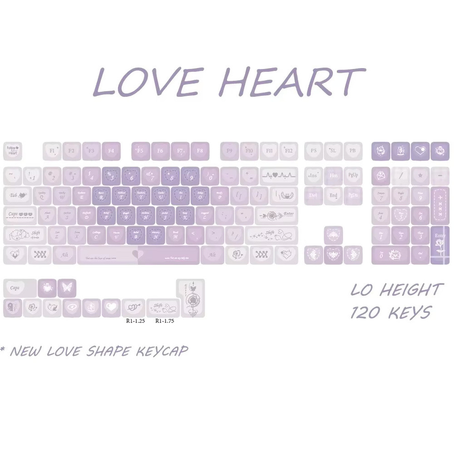 MAIMOOO PBT-Tastenkappen im romantischen Stil mit Herz-Design und Farbverlauf Lila für mechanische Tastaturen, 120 Tasten - Bild 2