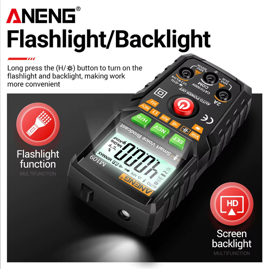 ANENG M109 Smart Multimeter Tester AC/DC Spannungsmessgerät mit Sprachausgabe, NCV, Kapazitäts- und Durchgangsprüfung, Schwarz - Bild 4