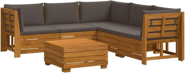 vidaXL Outdoor-Sofagarnitur aus Massivholz Akazie in Braun mit Kissen und Tisch, 6-teiliges L-Shape Gartenmöbel-Set - Bild 1