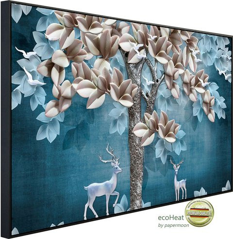 papermoon EcoHeat Infrarotheizung mit Blumen- und Hirschmuster in Bunt und Matt-Effekt, B/H/T: 60 x 50 x 60 cm - Bild 1