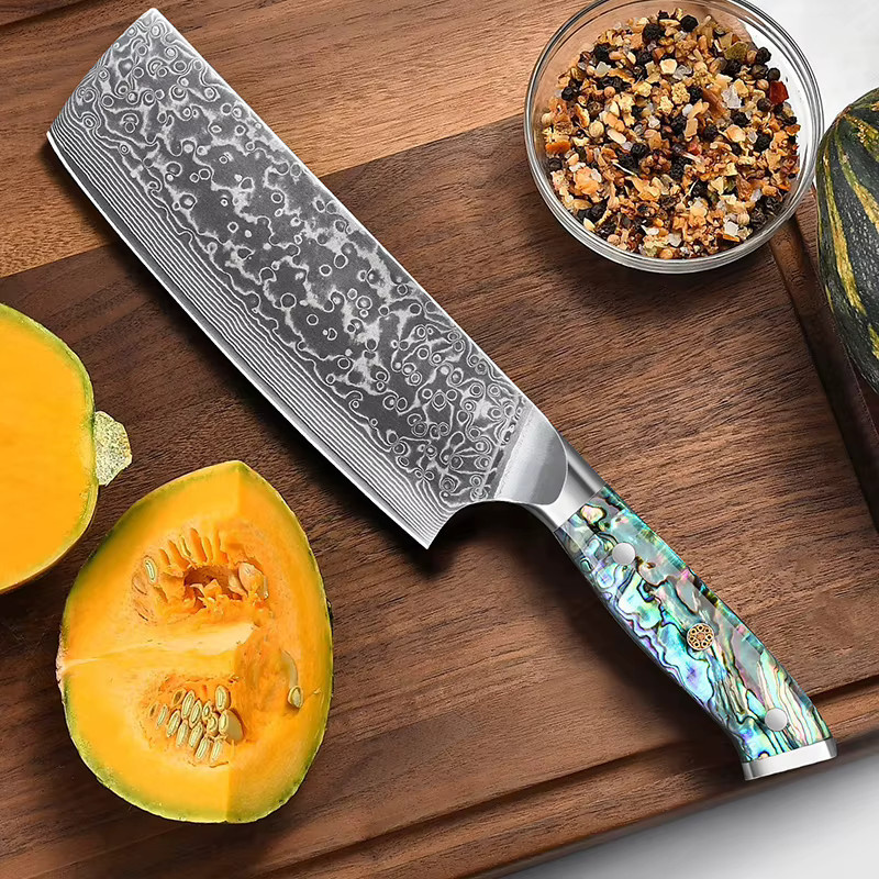 Baovim Nakiri-Messer aus Damaststahl mit buntem Abalone-Muschelgriff, 17,78 cm - Bild 2