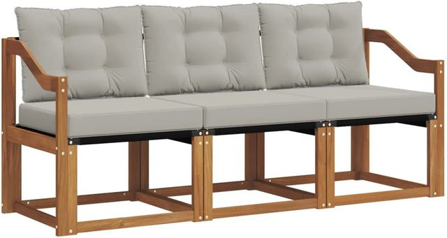 vidaXL Outdoor-Sofagarnitur 3-teilig aus Akazienholz und Textilene in Grau mit Kissen und Armlehnen - Bild 1