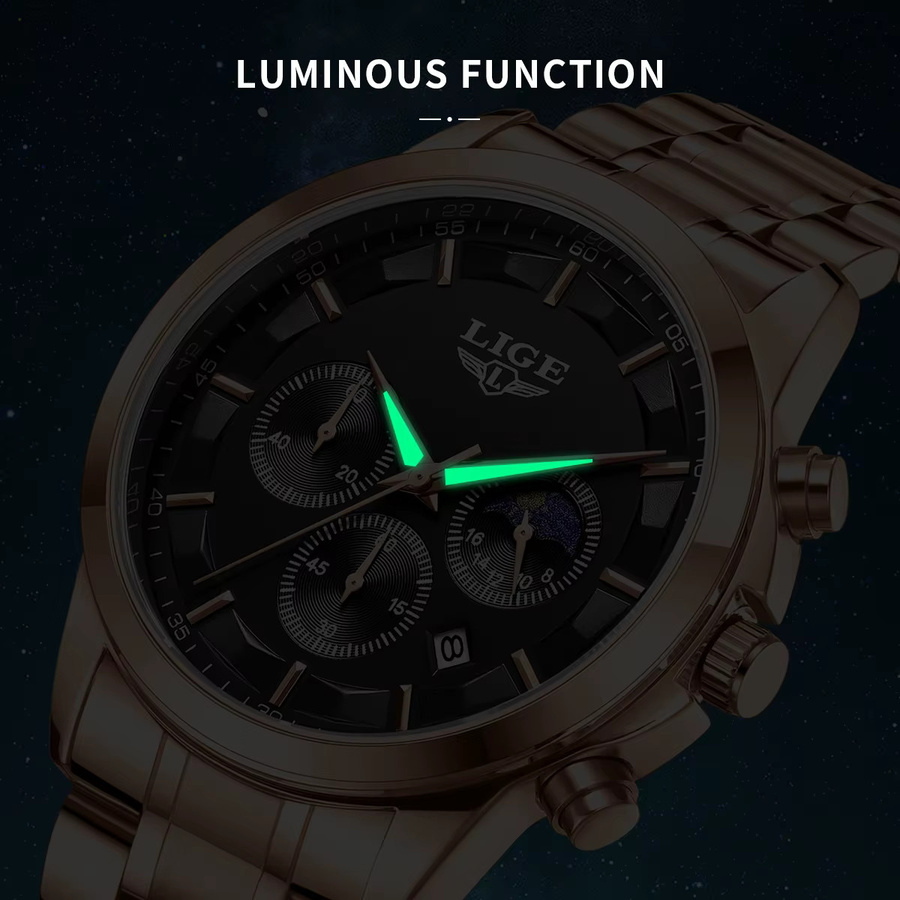 LIGE Armbanduhr Chronograph, Quarz, Edelstahl, Schwarz, Herren - Bild 4