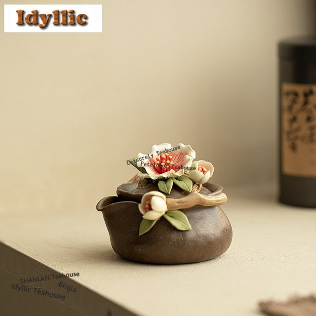 HOYIHM Handgefertigte Keramik-Teekanne mit Tee-Infusor und Sieb, Pfirsichblüten-Design, Braun, 120 ml - Bild 1
