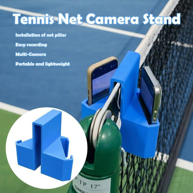 Padel-Tennis Kamera-Halterung zum Aufhängen am Tennisnetz mit Dual-Perspektive für Smartphone und Actionkamera in Schwarz oder Blau - Bild 1