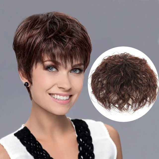 SHUOXIU Haaraufsatz mit Pony, Clip-in-Haarverlängerungen, gewellt, dunkelbraun, Damen - Bild 1