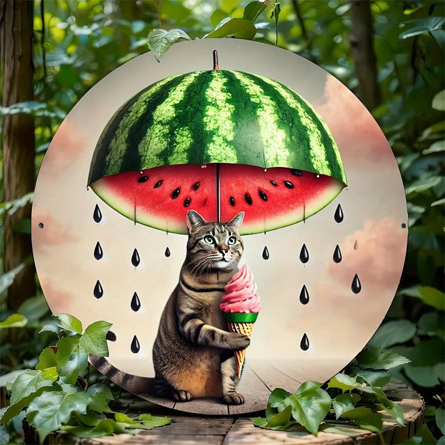 Potdemiel Metallschild Katzen und Wassermelonen-Regenschirm Dekoration, B/H: 20 x 20 cm, Mehrfarbig - Bild 1
