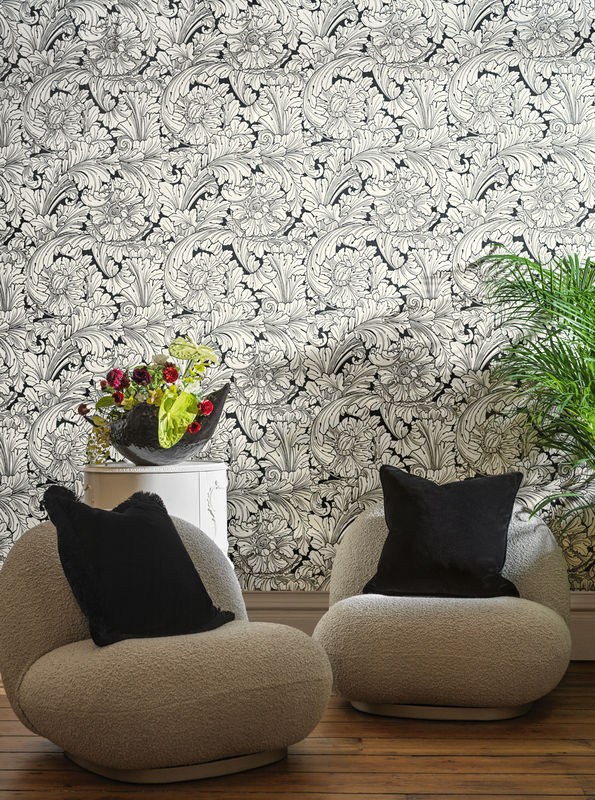 Cole & Son Tapete Acanthus in Soot & Snow mit botanischem Floral-Design, weiß, Non-Woven - Bild 2