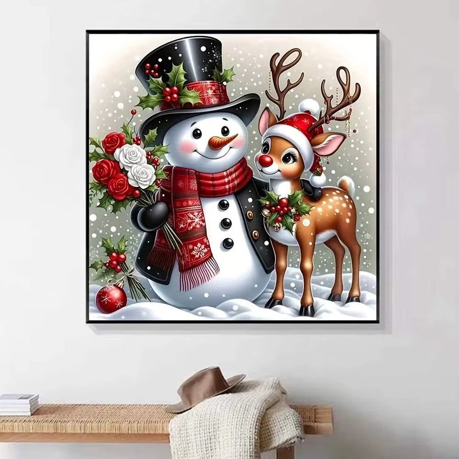 HUACAN Diamant-Malerei Weihnachten mit Schneemann und Rentier, 5D-DIY Mosaik-Kunstwerk mit Full Round Steinen auf Leinwand - Bild 4