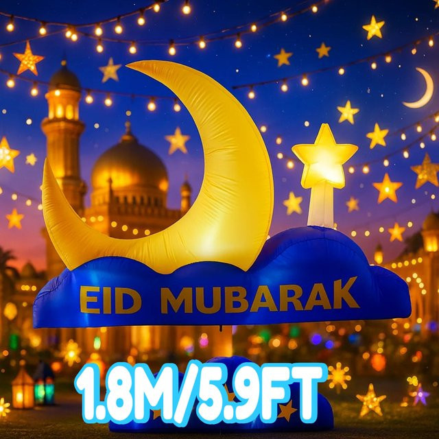 Aufblasbare LED Ramadan Dekoration mit Mond, Wolken und Sternen in Gelb, Höhe: 180 cm - Bild 1