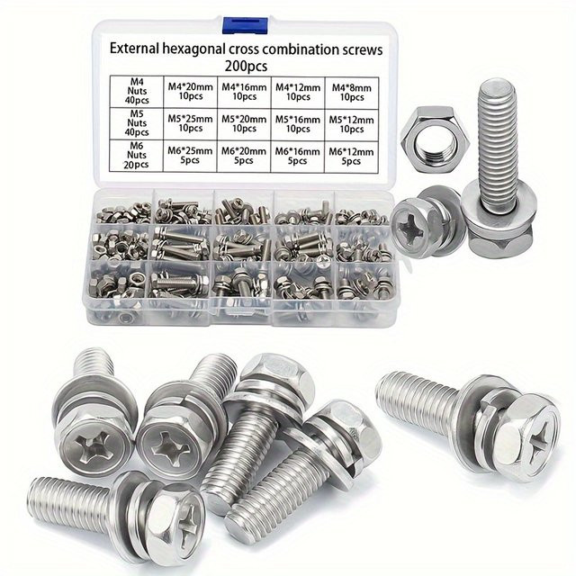 MIVM Kombinationsschraube aus 304 Edelstahl mit Kreuzschlitz und Sechskant inklusive Unterlegscheibe und Federring, Farbe: Silber, Material: A2-70 Edelstahl - Bild 1