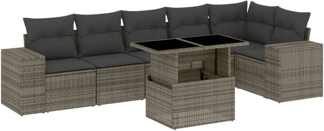vidaXL 7-tlg Garten-Sofagarnitur in L-Form aus grauem Poly-Rattan mit Kissen und pulverbeschichtetem Stahlgestell - Bild 1