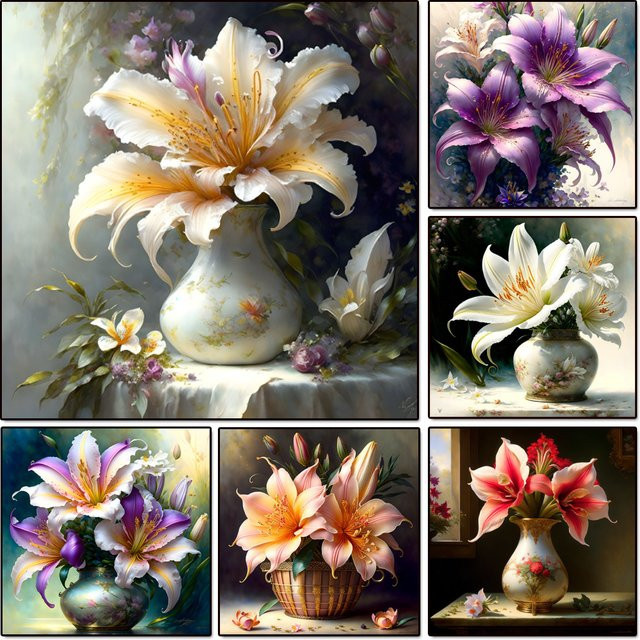 FANQING Diamantmalerei Lilien in der Vase als Mosaik-Bild mit Strass-Stickerei in Mehrfarbig, Durchmesser: 30 cm - Bild 1