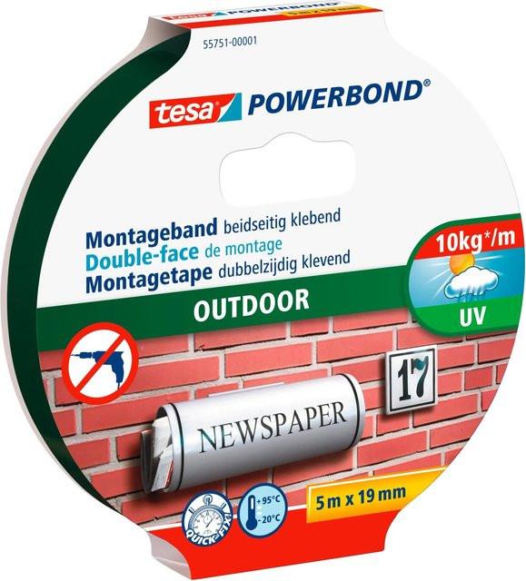 tesa Powerbond Montageband Outdoor, doppelseitig, wetterfest und UV-beständig, Farbe: Grün, Breite: 19 mm, Länge: 5 m - Bild 1