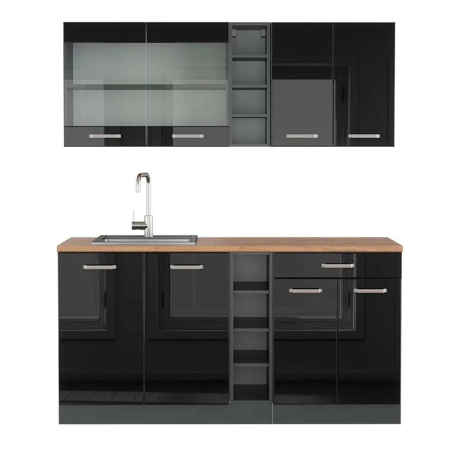 Vicco R-Line Singleküche Schwarz Hochglanz und Anthrazit mit Eiche, Breite: 160 cm - Bild 2