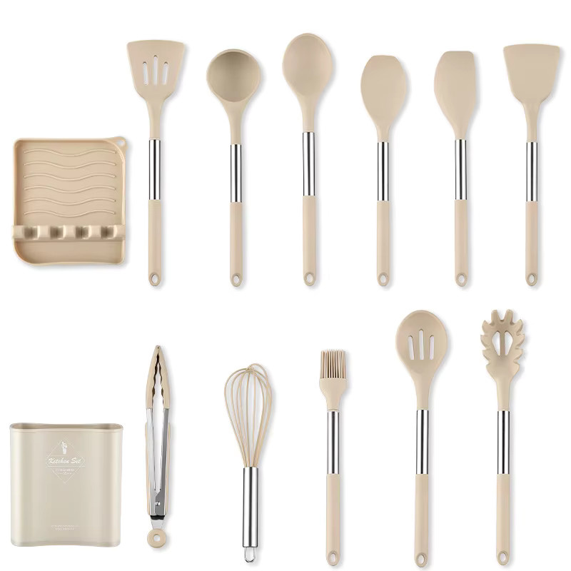 JAOER 13-teiliges Kochutensilien-Set aus Silikon mit Edelstahlgriff in Grau und Beige, kratzfestes Küchengeschirr-Set mit Spatel und Rührbesen - Bild 3