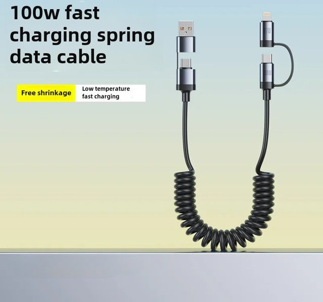 OIITH 100W Dual Drag Spring USB Typ C Schnellladekabel mit 6A Ausziehfunktion, Schwarz - Bild 1